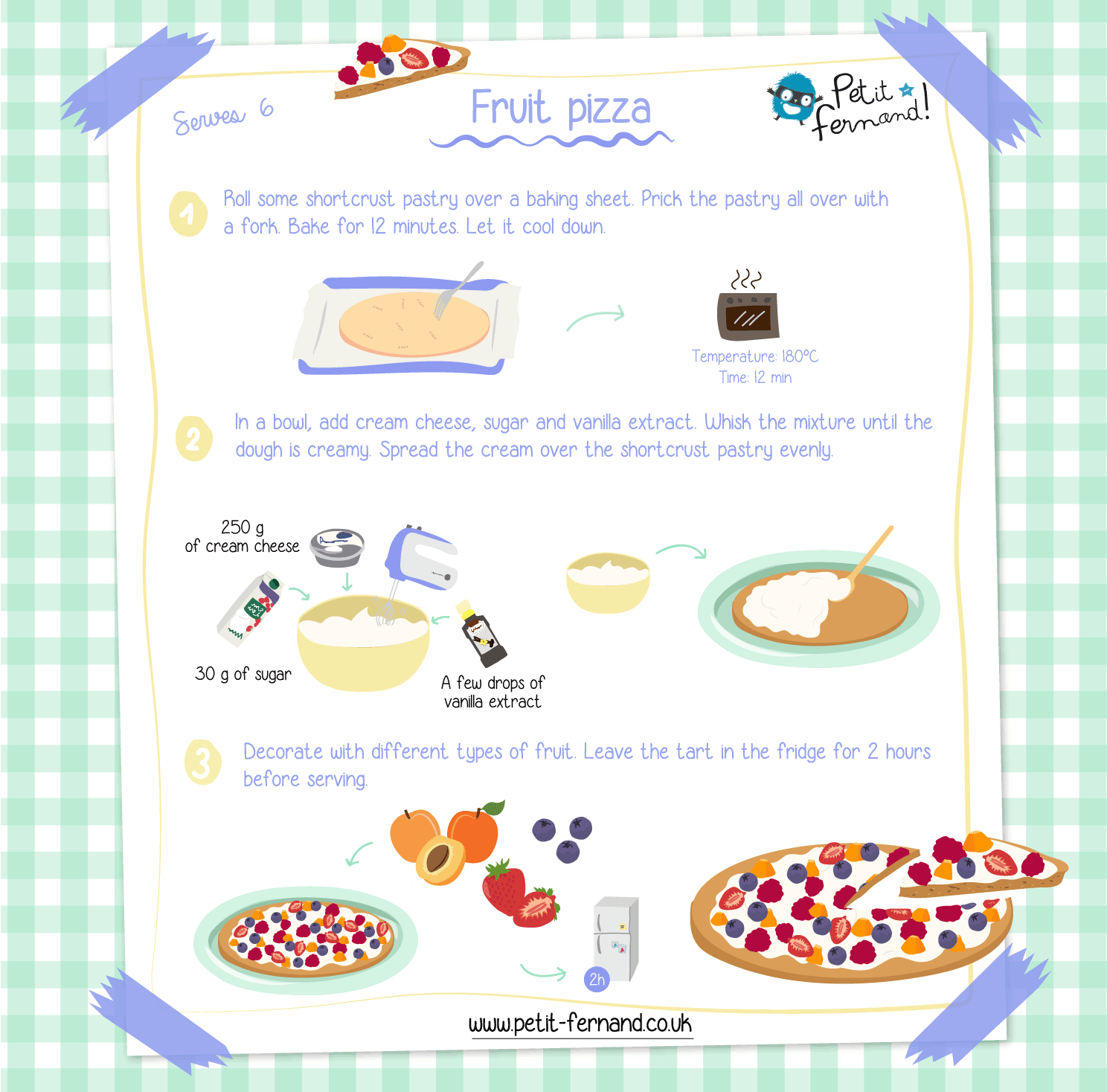 Follow the recipe to make a delicious fruit pizza, a modern version of the classic fruit tart