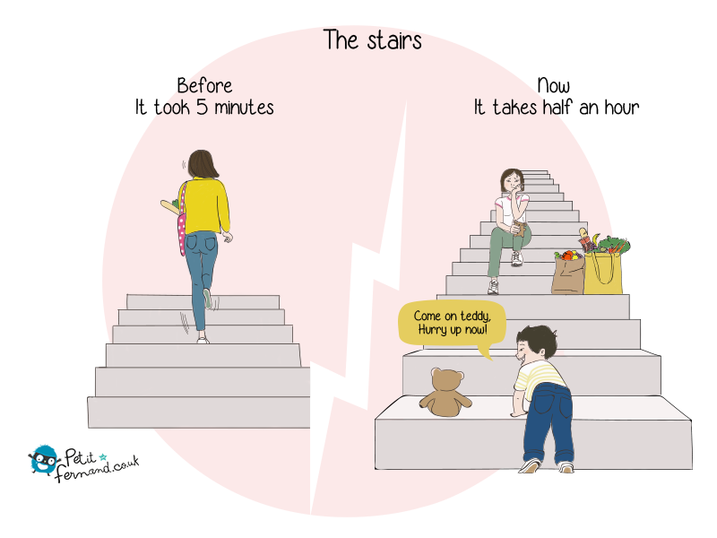 A shopping bag in one hand, teddy bear in the other, the stroller on the back… not always easy to go up the stairs when we’re parents!