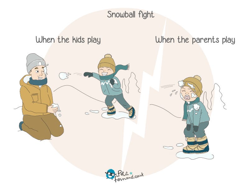 When you’re a parent you know you always have to be careful when you’re playing snowball toss with your kids.